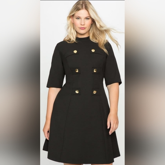 Eloquii Dresses & Skirts - Eloquii Mock Neck Military Dress Size 20 Black Gold Buttons Sleeves Midi Classi